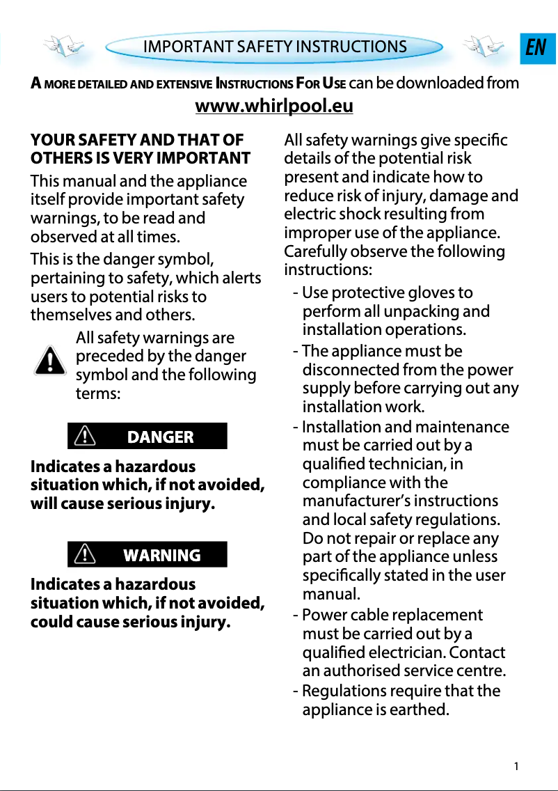 Page n°1 - Instructions / montage Whirlpool AMW 498