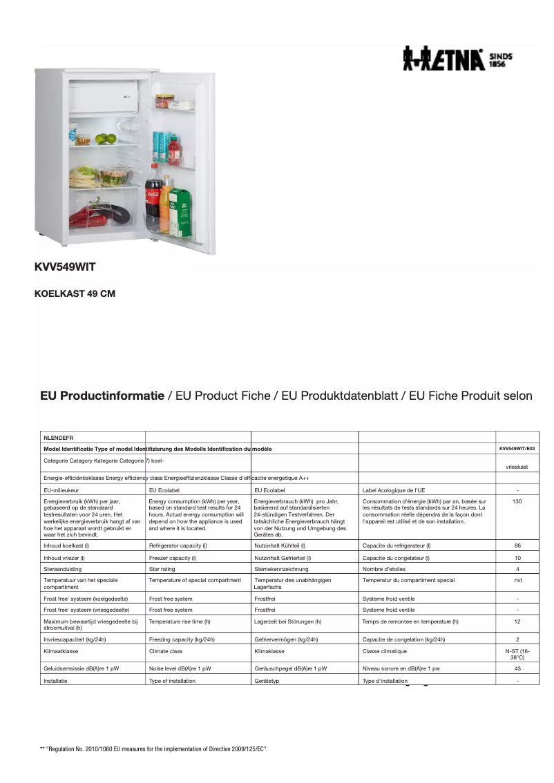 Page 1 de la notice Fiche technique Etna KVV549WIT