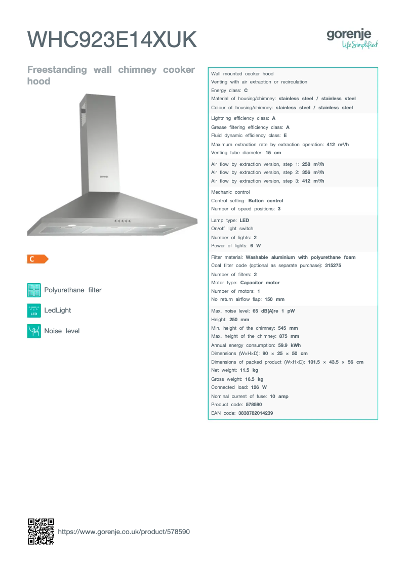 Page 1 de la notice Fiche technique Gorenje WHC923E14XUK