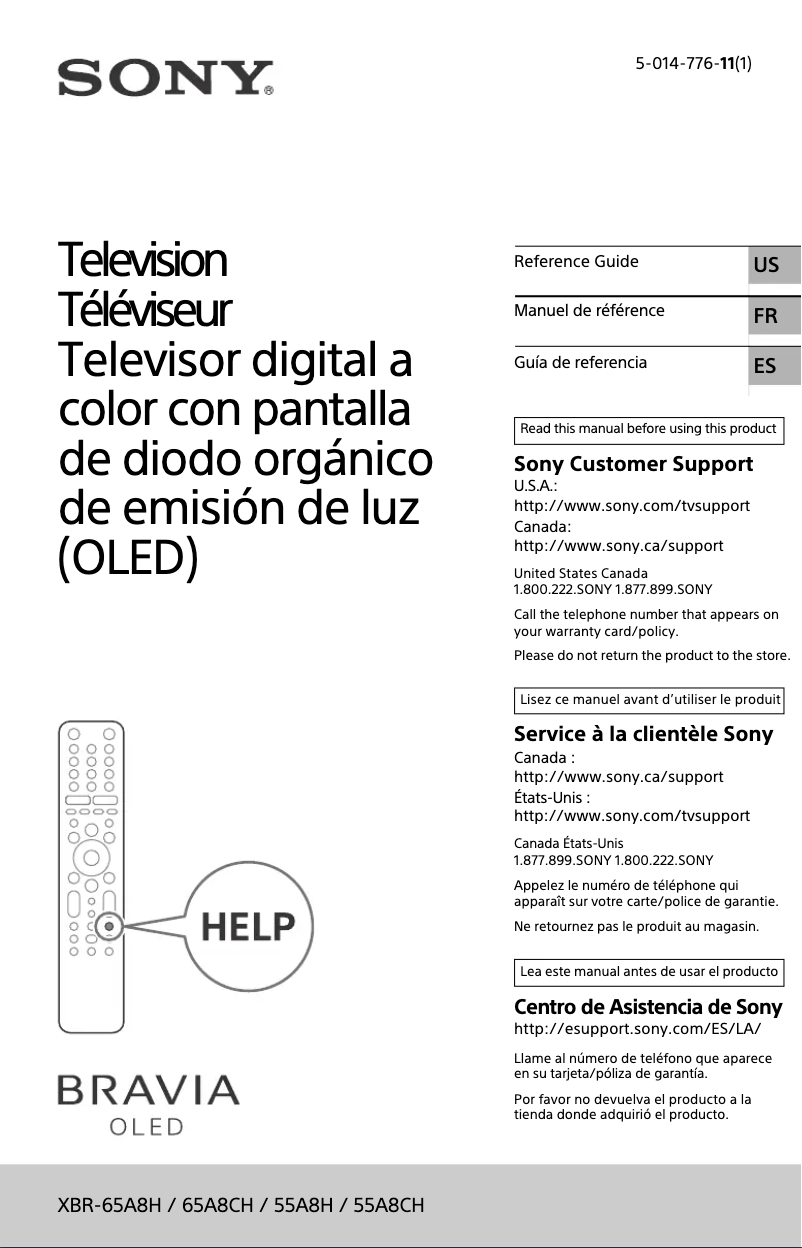 Page 1 de la notice Manuel utilisateur Sony Bravia XBR-65A8H