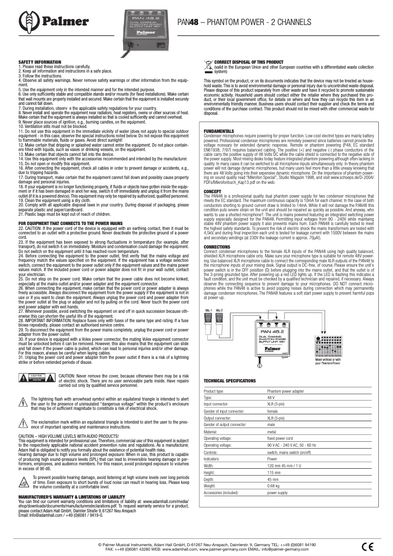 Page n°1 - Manuel utilisateur Palmer PAN 48