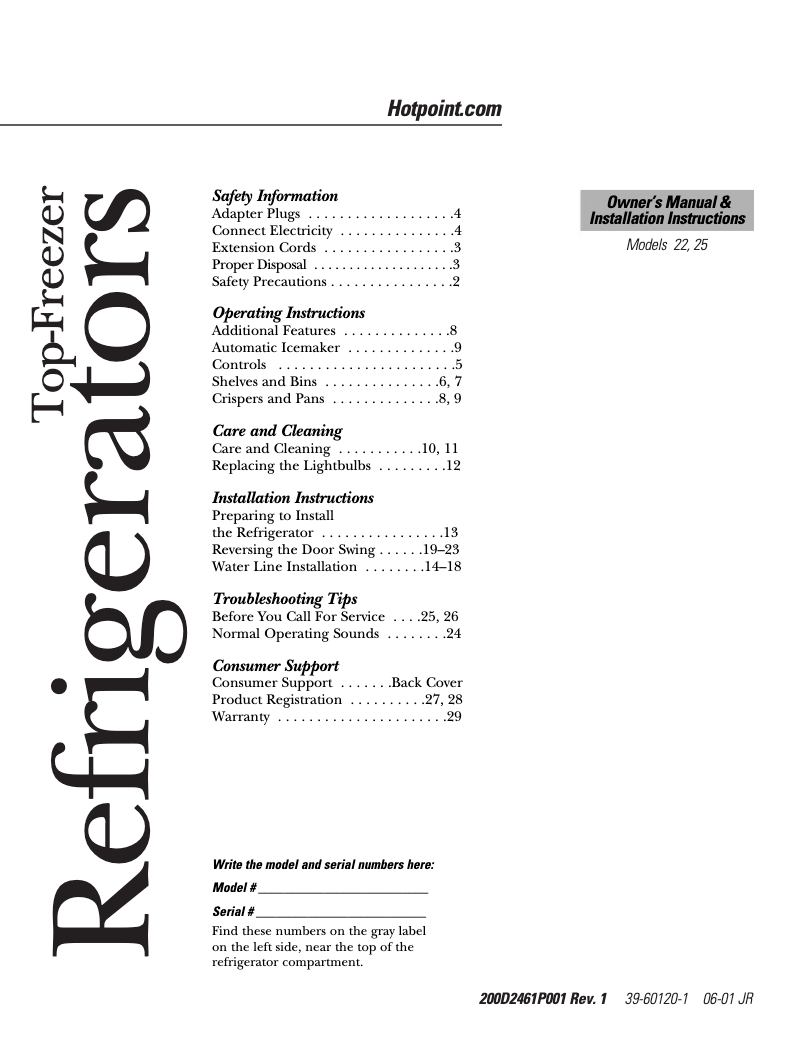 Page 1 de la notice Manuel d'utilisation et d'entretien Hotpoint HTS22CBMWW