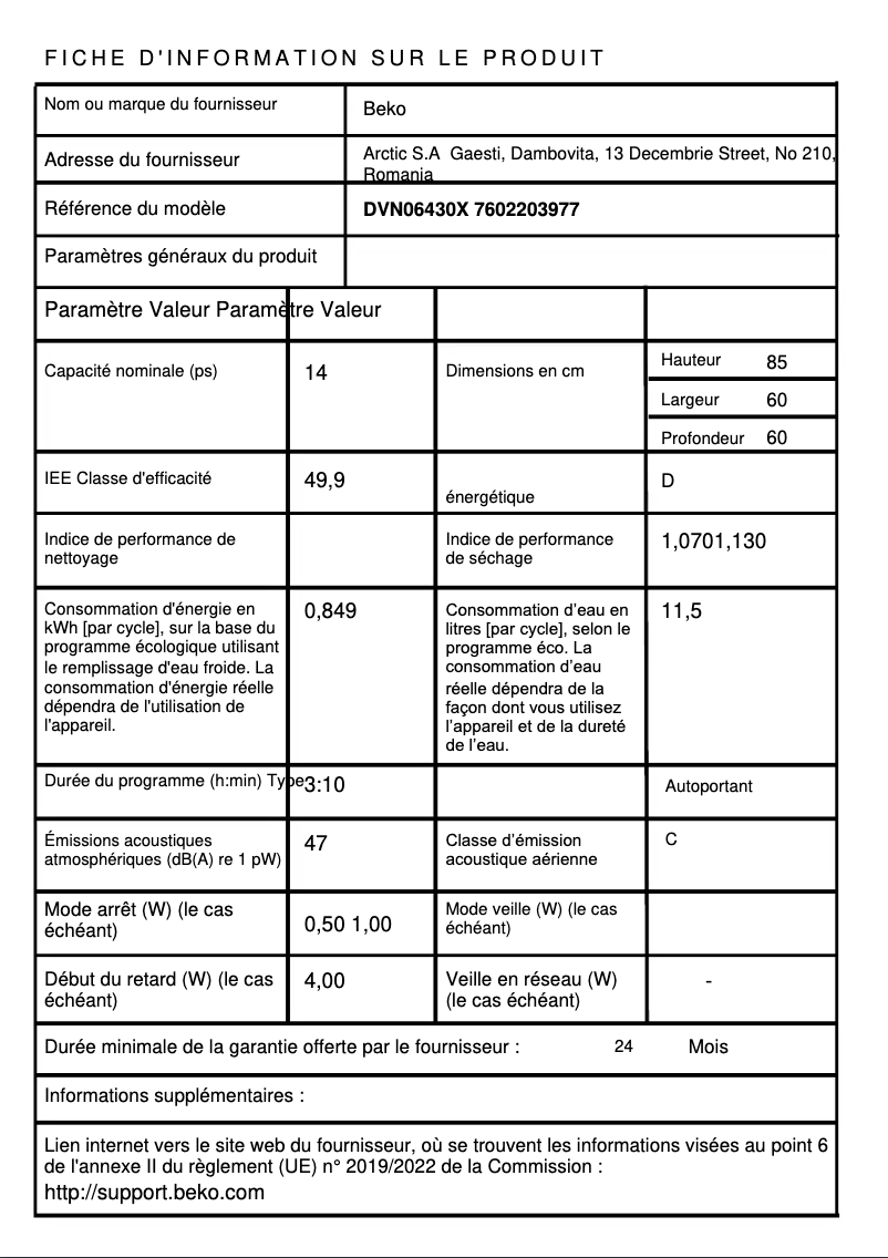 Page n°1 - Fiche technique Beko DVN06430X