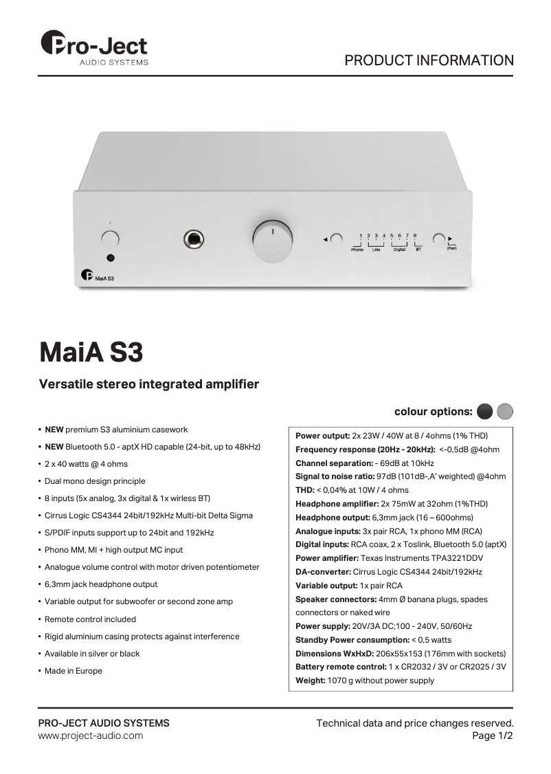 Page 1 de la notice Fiche technique Pro-Ject MaiA S3