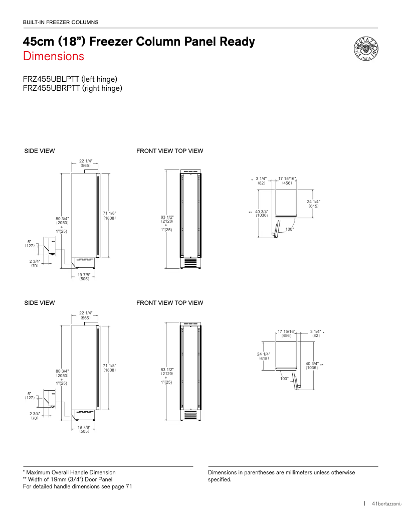 Page n°1 - Instructions / montage Bertazzoni FRZ455UBLPTT