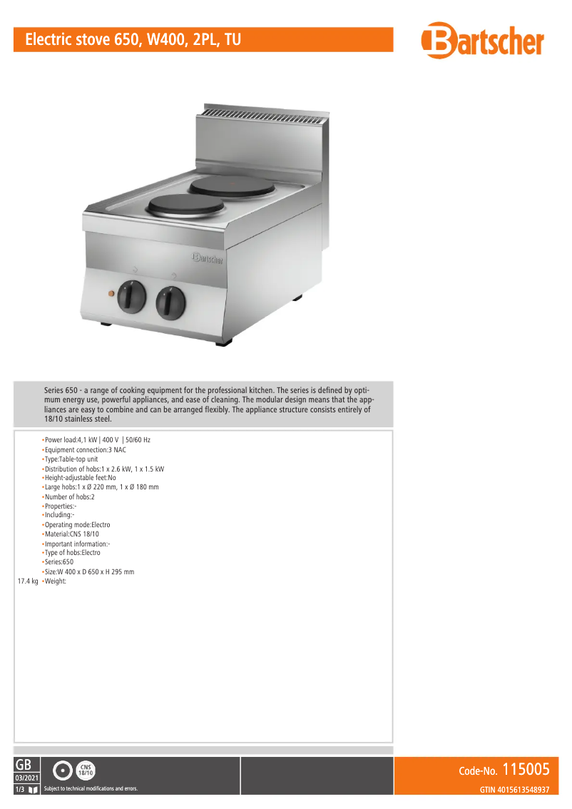 Page n°1 - Fiche technique Bartscher 115005