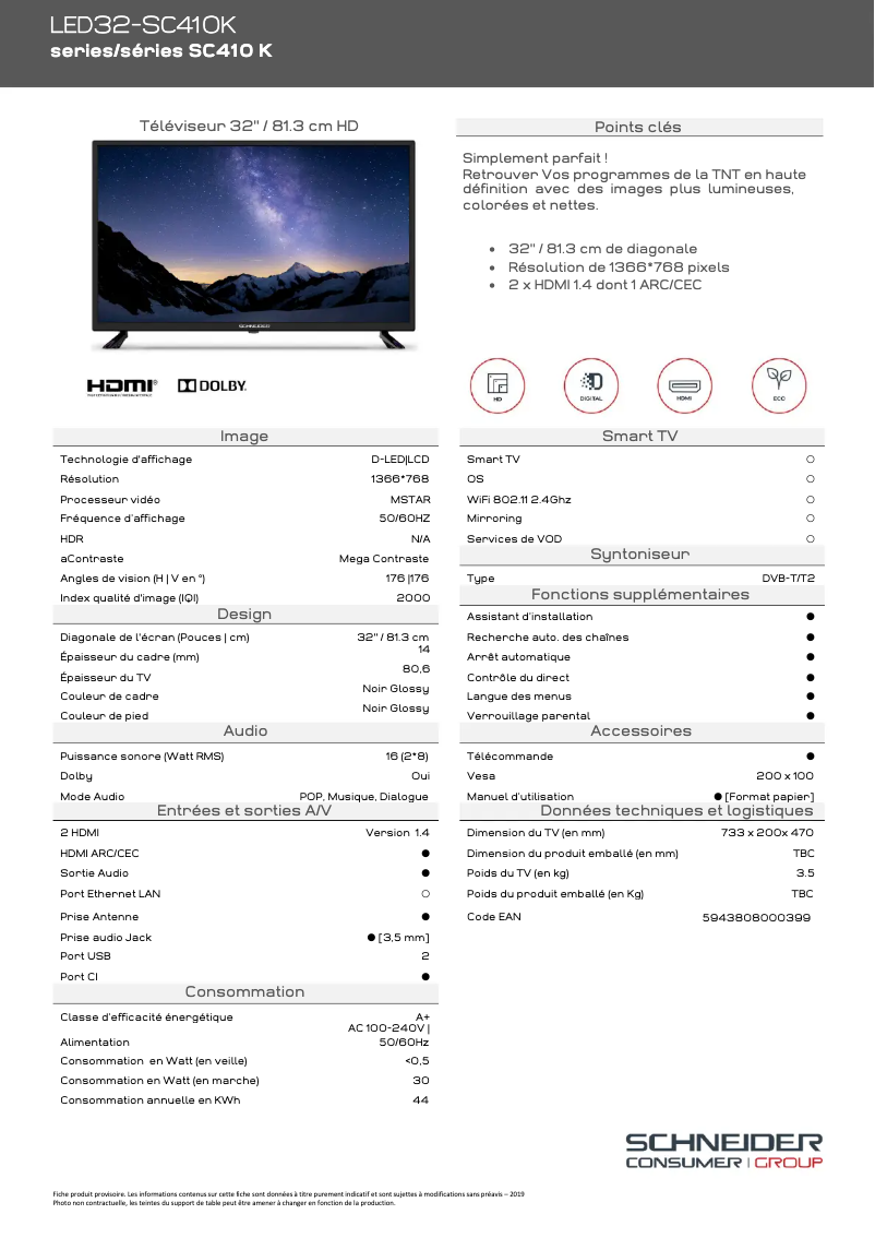 Página 1 del manual Ficha técnica Schneider LED32-SC410K