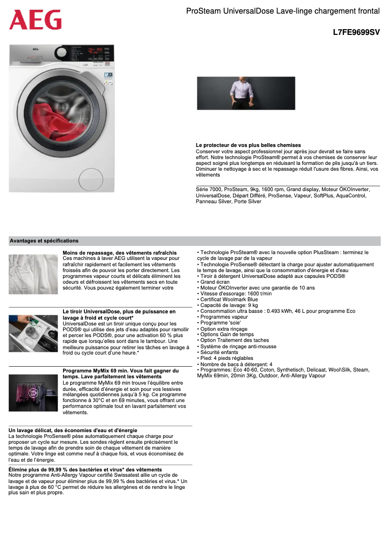 Page 1 de la notice Fiche technique AEG L7FE9699SV