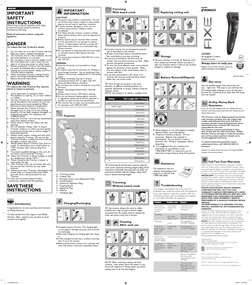 Image de la première page du manuel de l'appareil Norelco XA4003