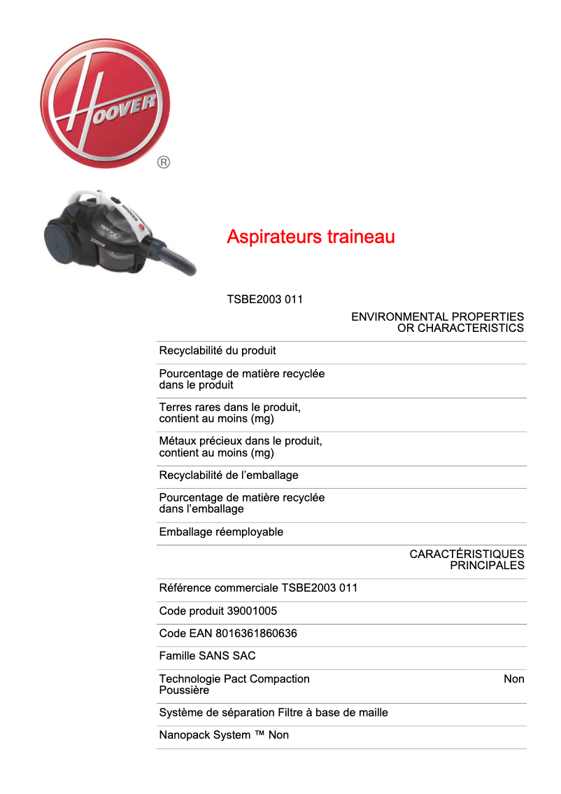 Page n°1 - Fiche technique Hoover Sprint Evo TSBE2003 011