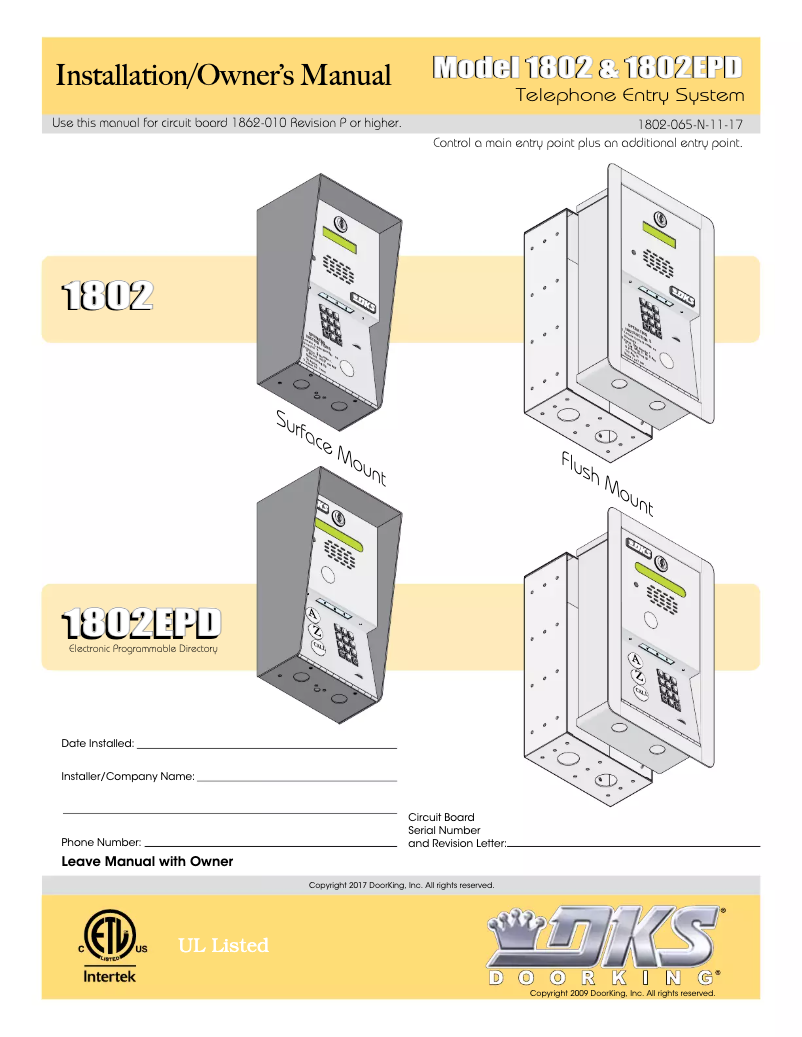 Page 1 de la notice Manuel utilisateur DoorKing 1802