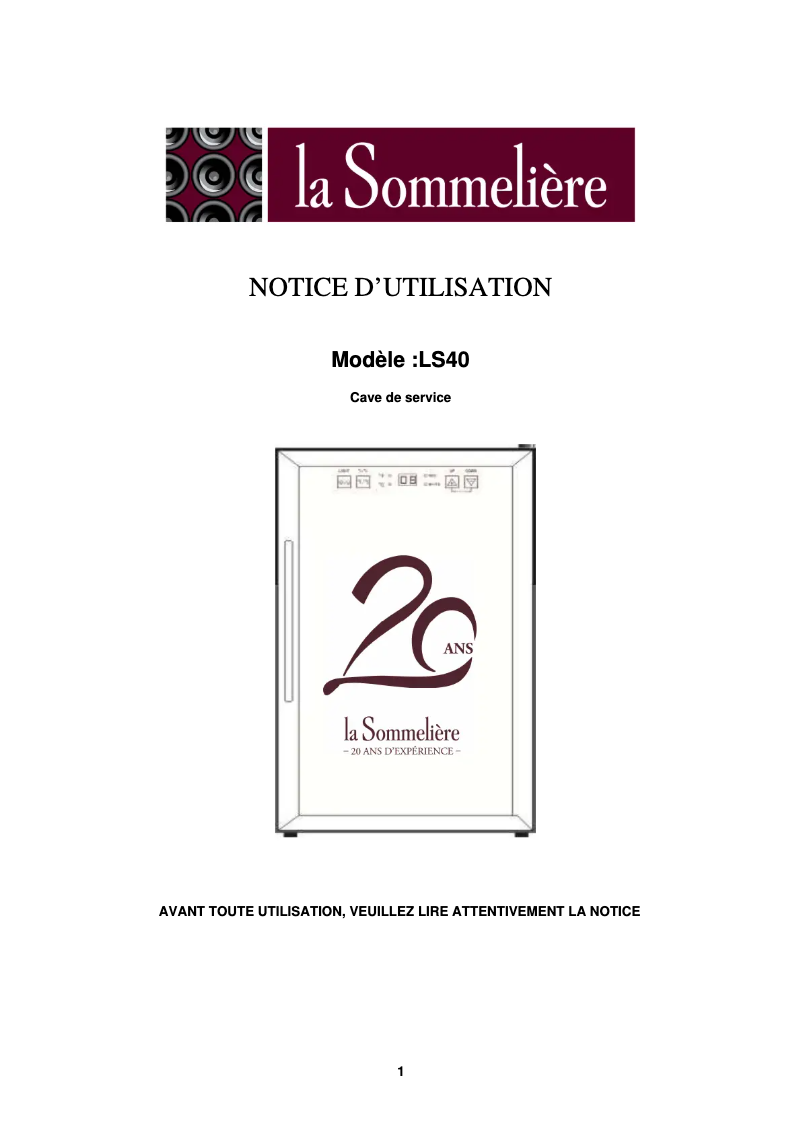 Page 1 de la notice Manuel utilisateur La Sommelière LS40