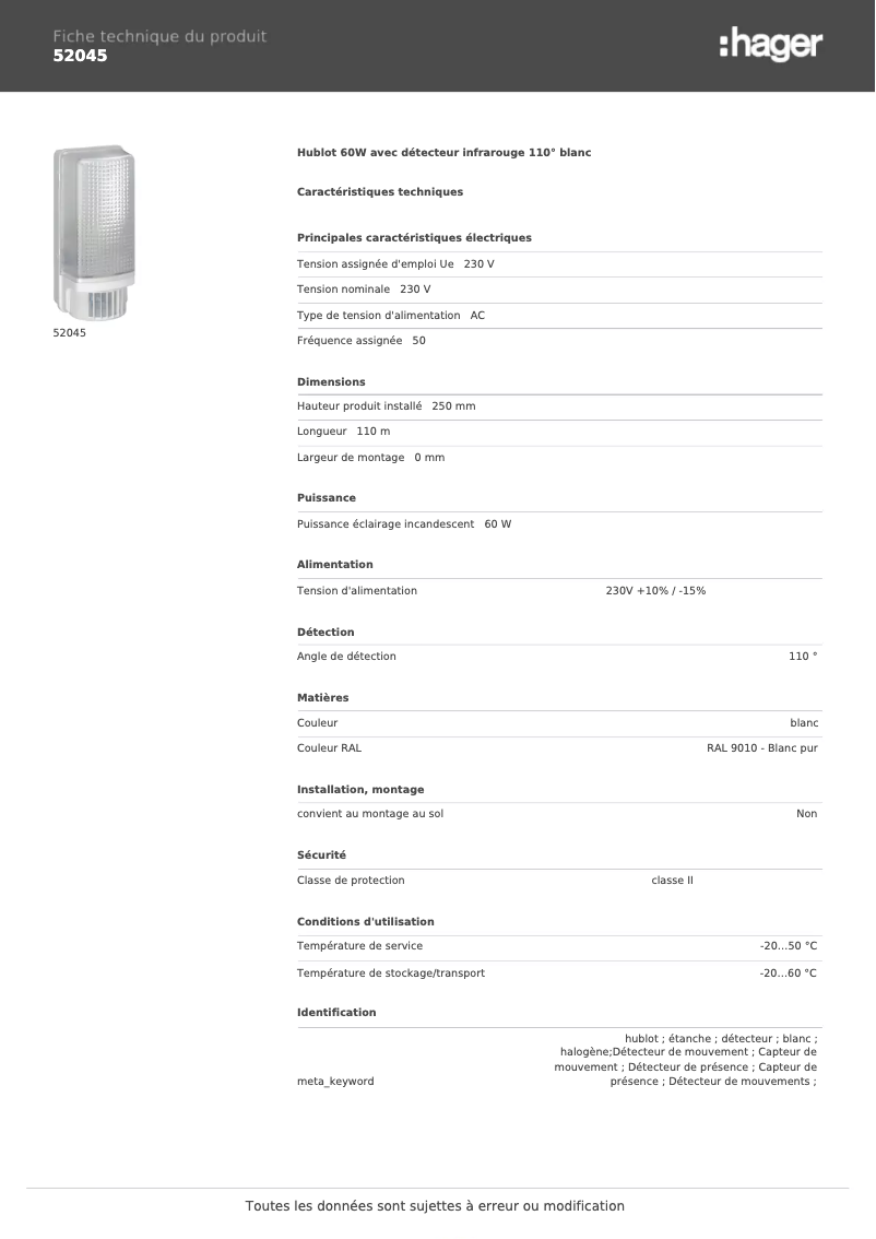 Page 1 de la notice Fiche technique Hager 52045