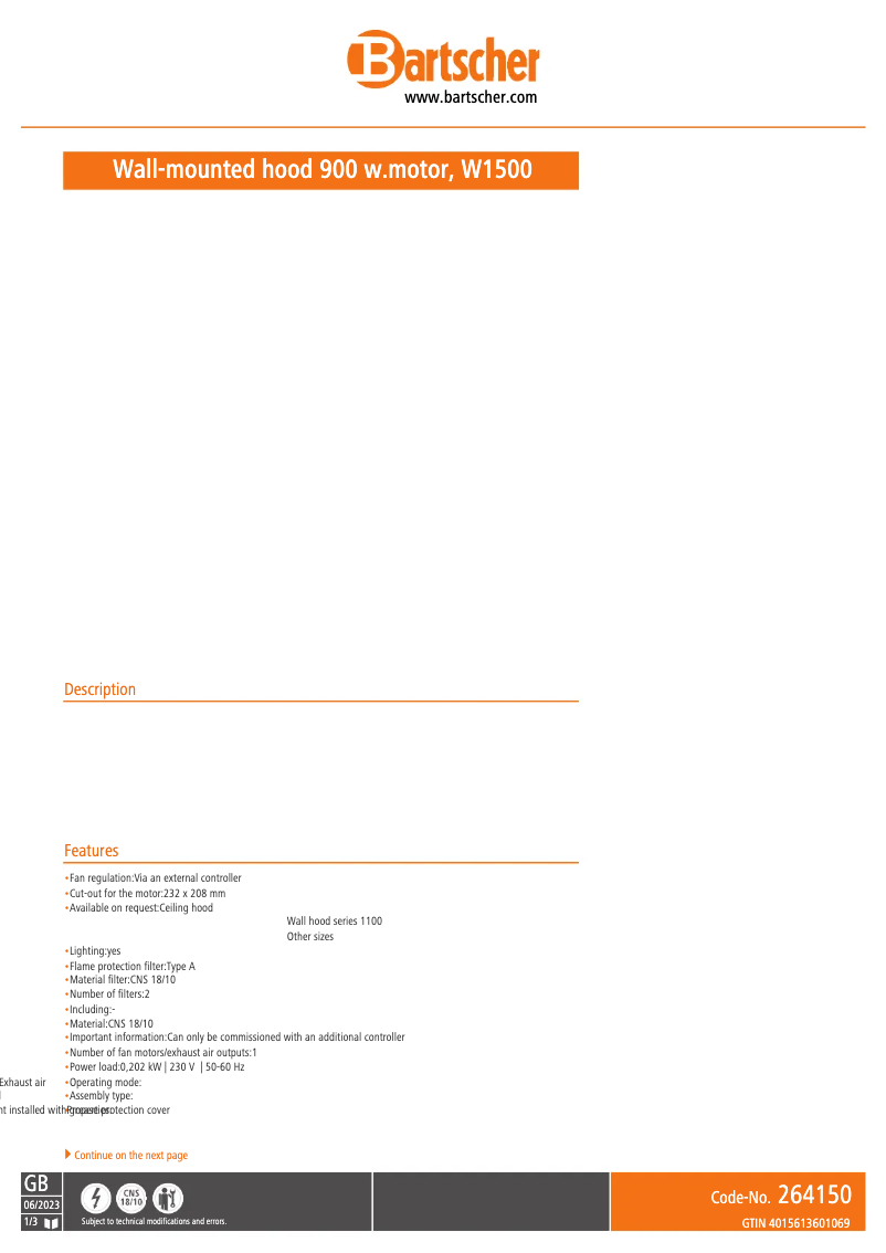 Page 1 de la notice Fiche technique Bartscher 264150