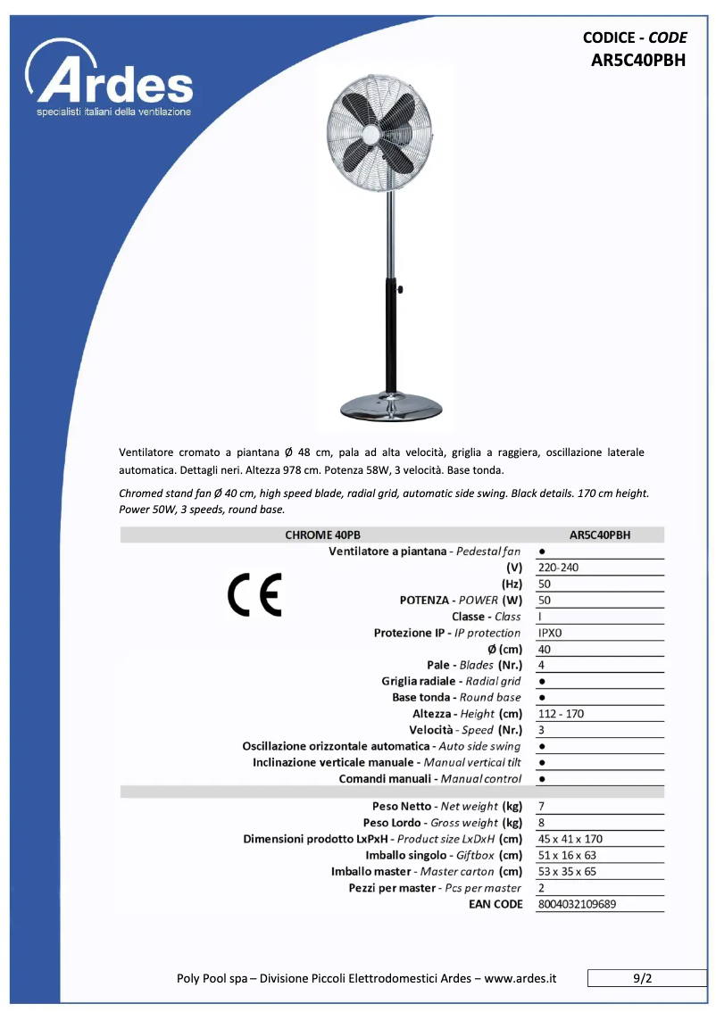 Page 1 de la notice Fiche technique Ardes AR5C40PBH