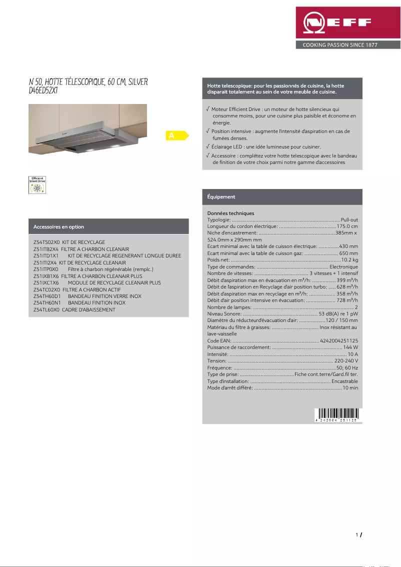 Page 1 de la notice Fiche technique Neff D46ED52X1
