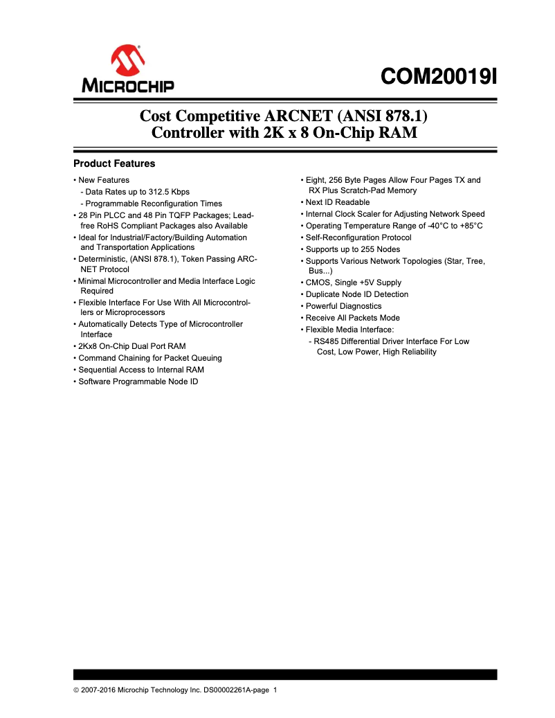 Page 1 de la notice Fiche technique Microchip COM20019i