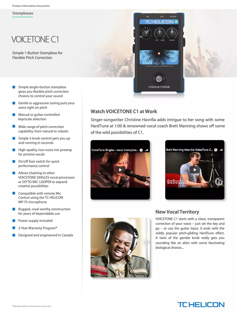 Page 1 de la notice Fiche technique TC Helicon VoiceTone C1