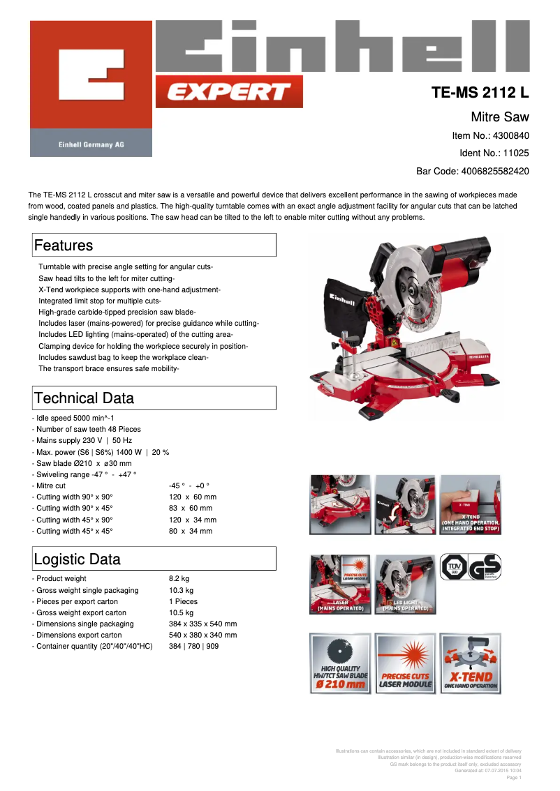 Page 1 de la notice Fiche technique Einhell TE-MS 2112 L