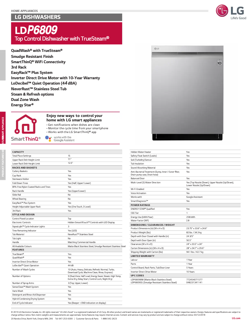 Page 1 de la notice Fiche technique LG LDP6809BM
