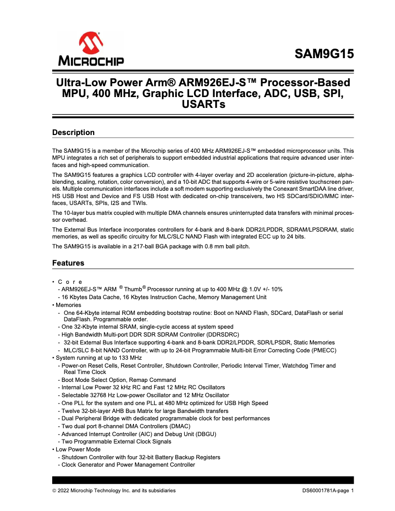 Page 1 de la notice Fiche technique Microchip AT91SAM9G15