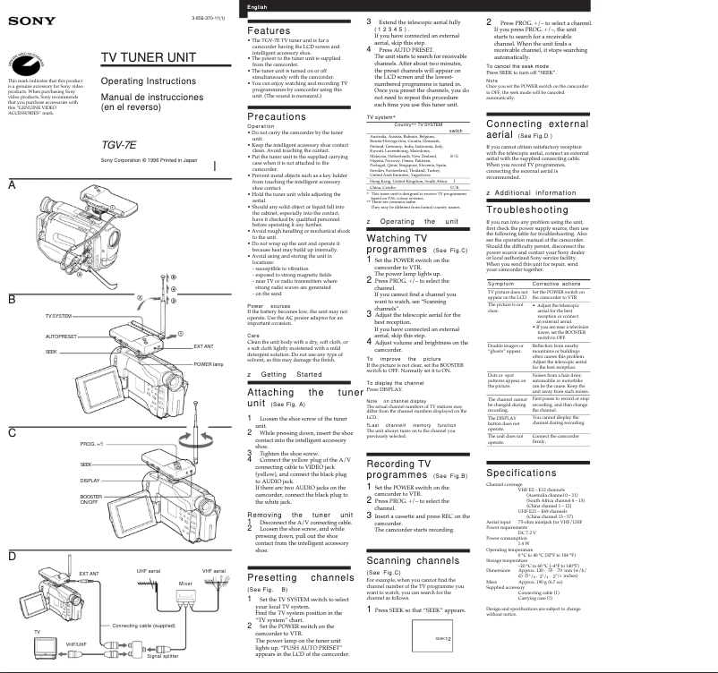 Page 1 de la notice Manuel utilisateur Sony TGV-7E