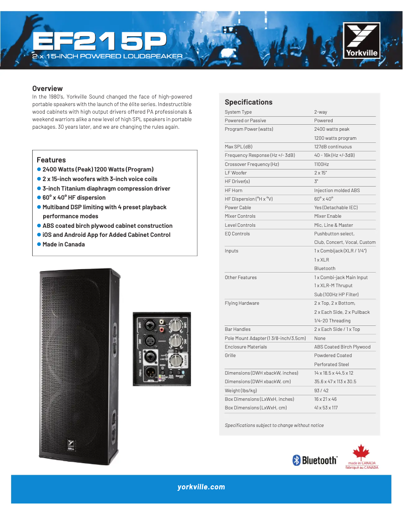 Page 1 de la notice Fiche technique Yorkville Elite EF215P