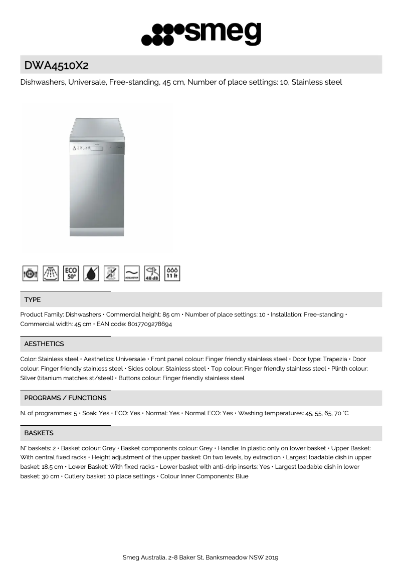 Page 1 de la notice Fiche technique Smeg DWA4510X2