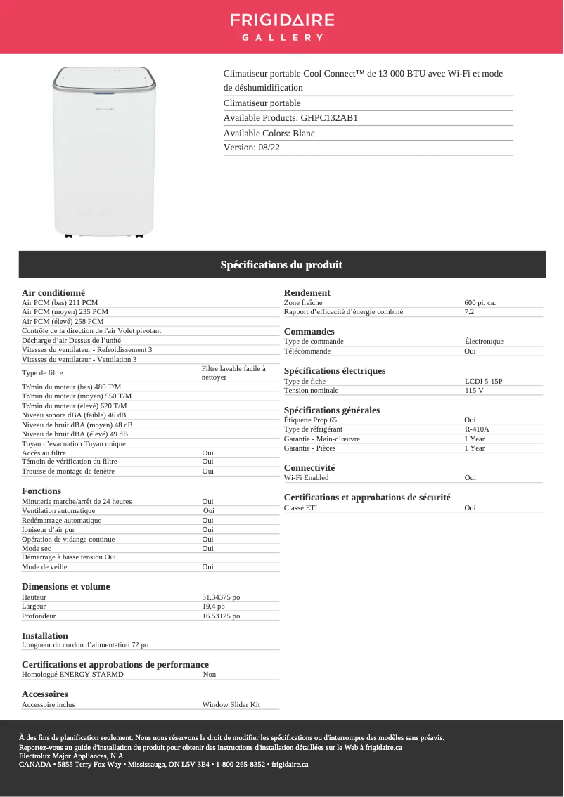Page 1 de la notice Fiche technique Frigidaire GHPC132AB1