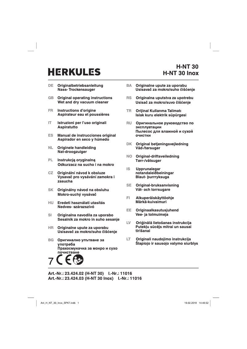 Page 1 de la notice Manuel utilisateur Herkules H-NT 30 Inox