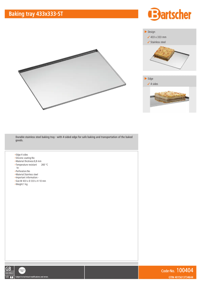 Page 1 de la notice Fiche technique Bartscher 100404