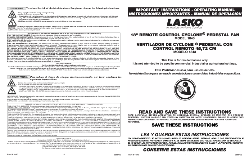 Page 1 de la notice Manuel utilisateur Lasko 1843