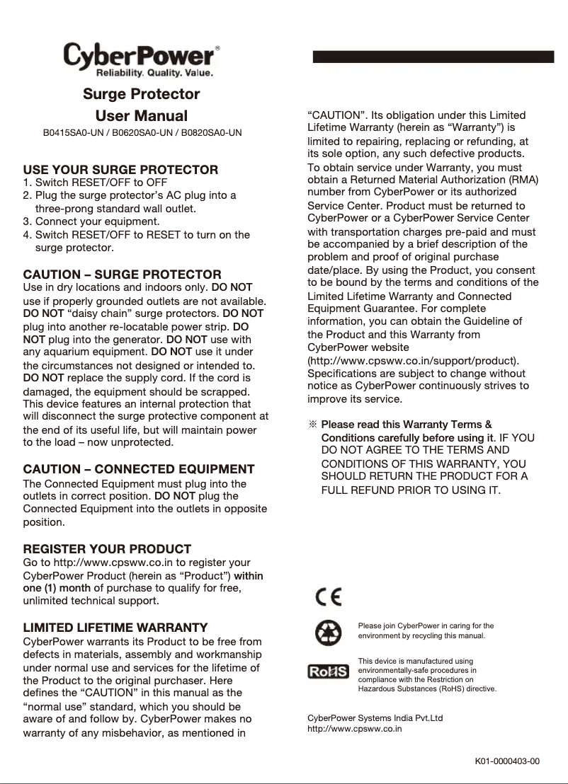 Page 1 de la notice Manuel utilisateur CyberPower B0820SA0
