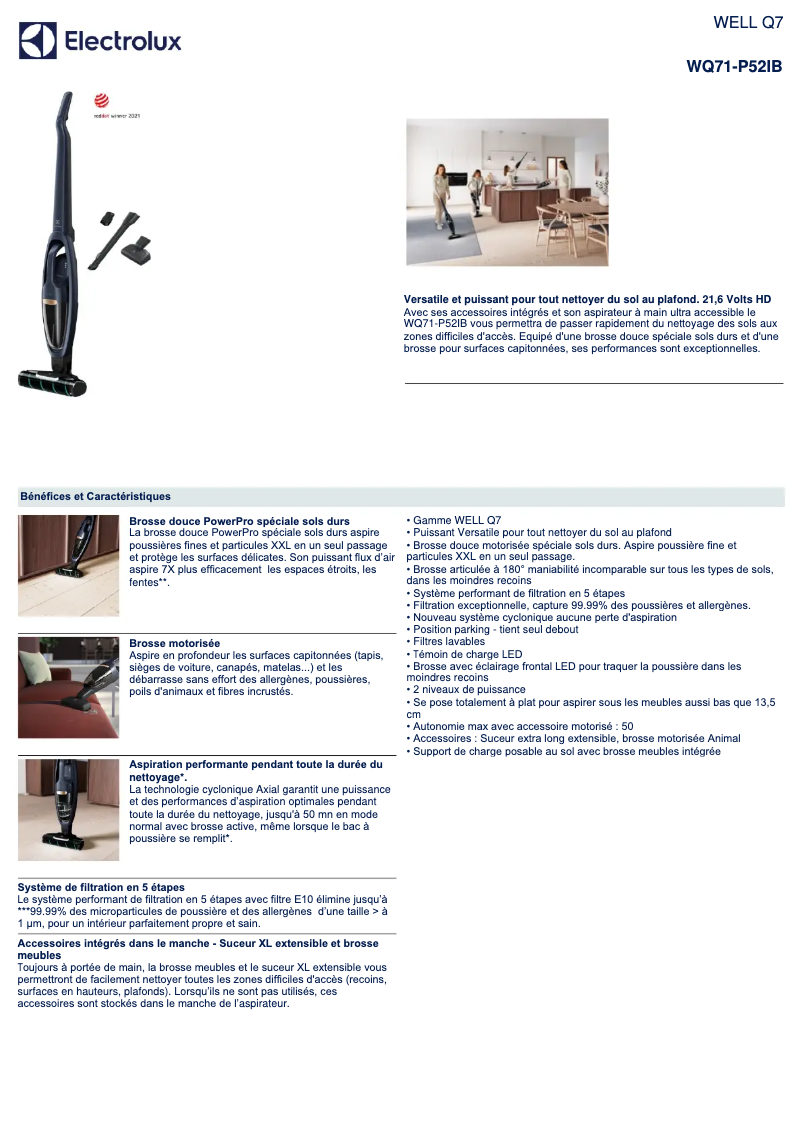 Page 1 de la notice Fiche technique Electrolux Well Q7 WQ71-P52IB