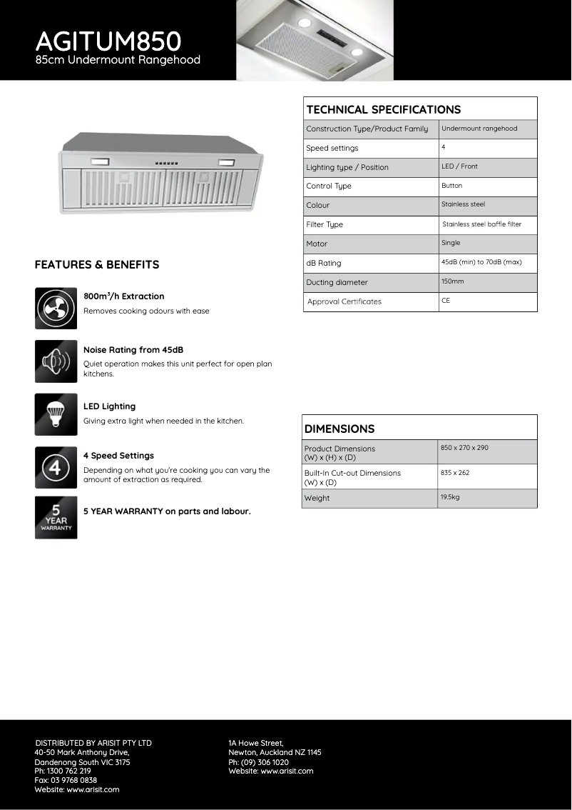 Page 1 de la notice Fiche technique Tisira AGITUM850