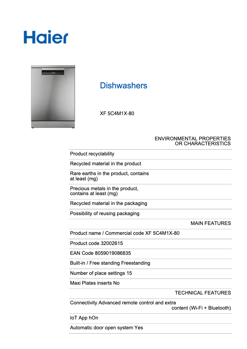 Page 1 de la notice Label énergétique Haier XF 5C4M1X-80