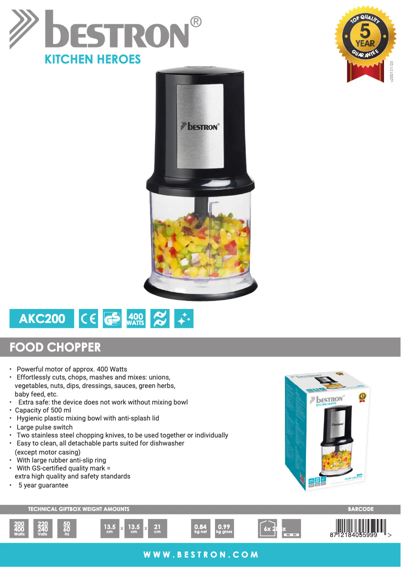 Page 1 de la notice Fiche technique Bestron AKC200