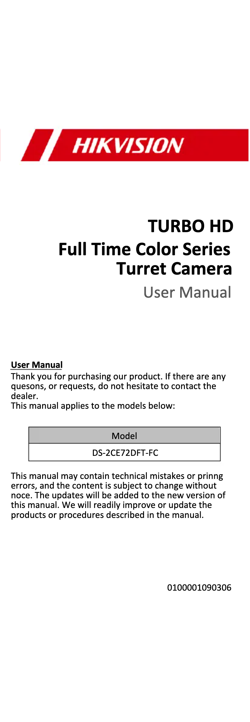 Image de la première page du manuel de l'appareil DS-2CE72DFT-FC