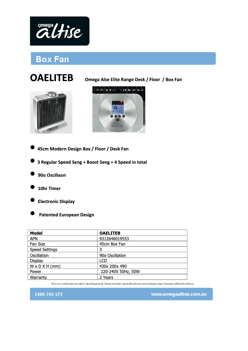 Page n°1 - Fiche technique Omega Altise OAELITEB