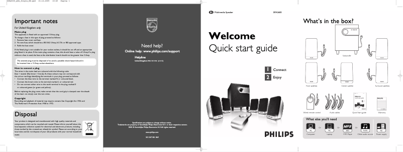 Page n°1 - Guide de démarrage rapide Philips SPA2600