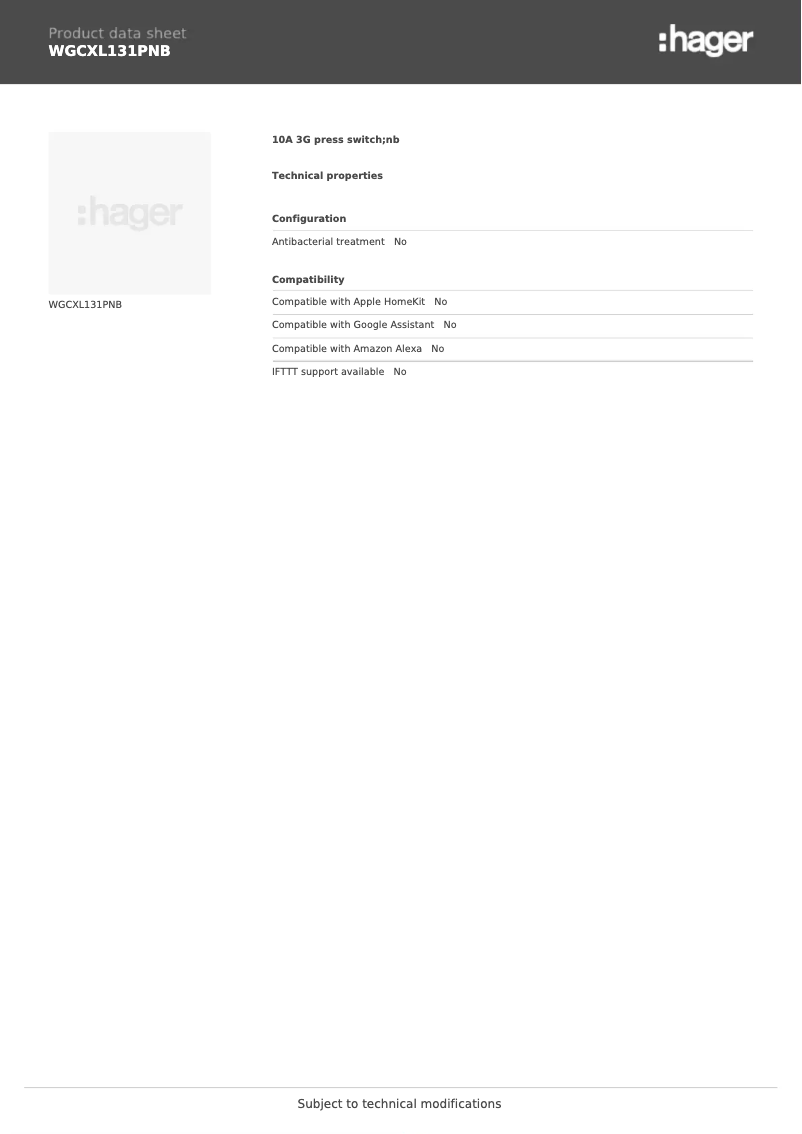 Page 1 de la notice Fiche technique Hager WGCXL131PNB