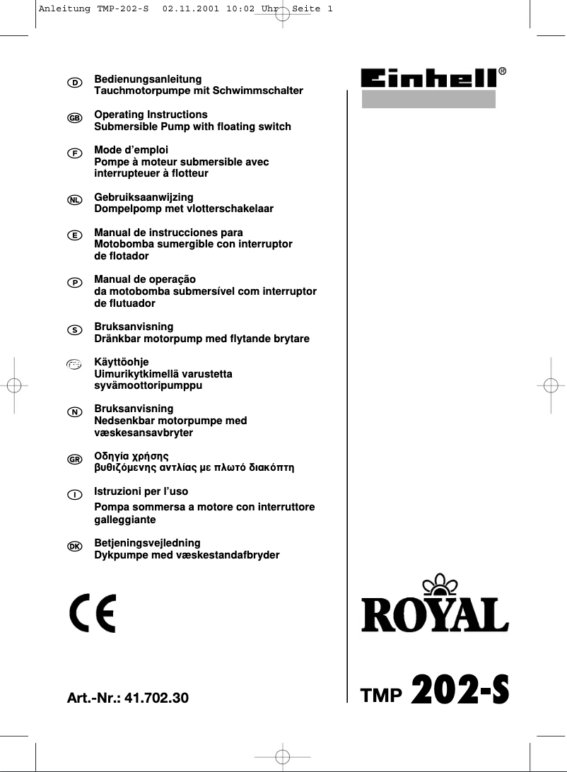 Page 1 de la notice Manuel utilisateur Einhell Royal TMP 202-S