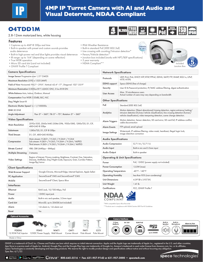 Page n°1 - Fiche technique Speco Technologies O4TDD1M