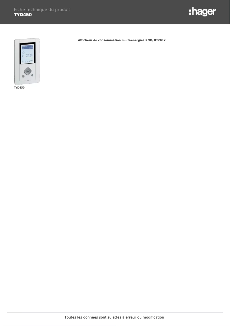 Page 1 de la notice Fiche technique Hager TYD450