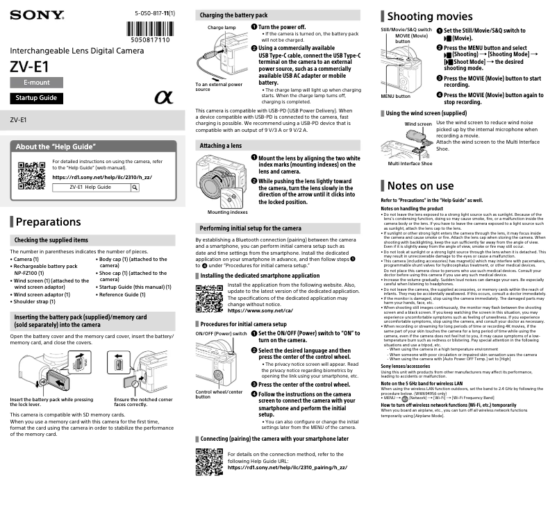Page 1 de la notice Guide d'installation Sony ZV-E1L