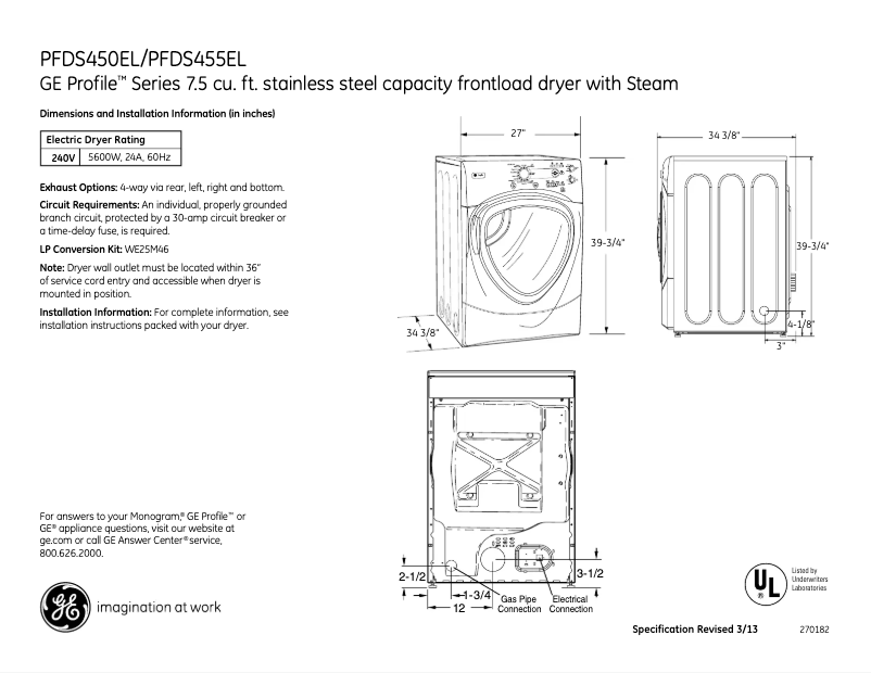 Page n°1 - Fiche technique GE PFDS455ELMG
