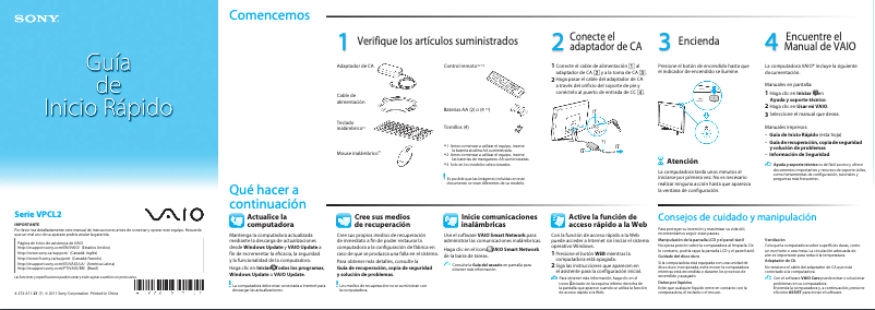 Page n°1 - Guide d'installation Sony Vaio VPCL216FX
