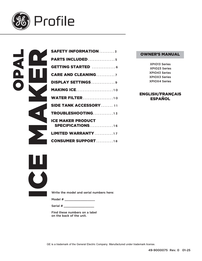Page 1 of the manual Use and Maintenance Manual GE Profile Opal XPIO43SCSS