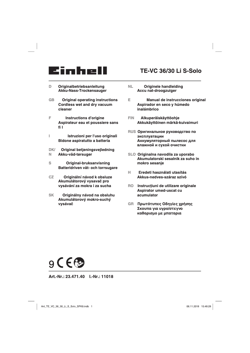 Page n°1 - Manuel utilisateur Einhell TE-VC 36/30 Li S-Solo