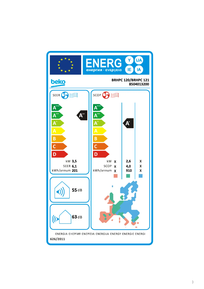 Page 1 de la notice Label énergétique Beko BRHPC 121